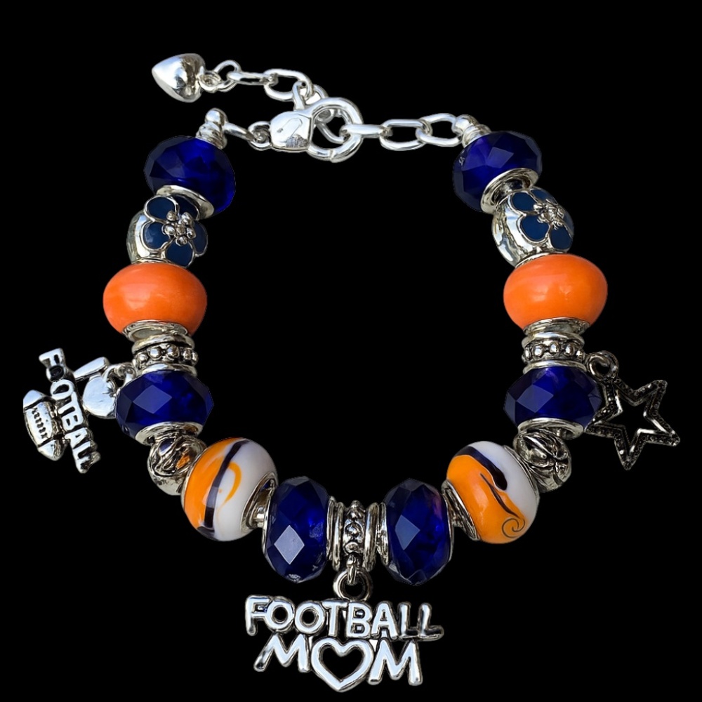 Football Mom Beaded Charm Bracelet - Orange and Blue Beads